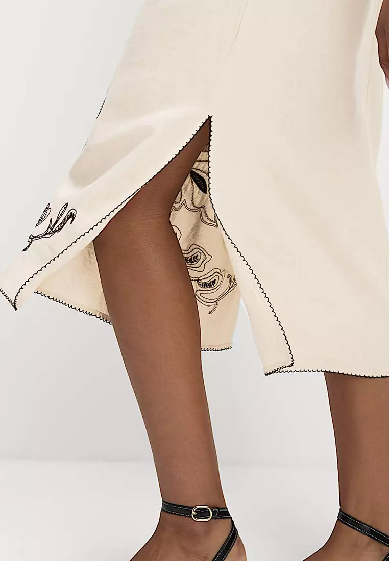 Linen Rich Embroidered Midi Shift Dress