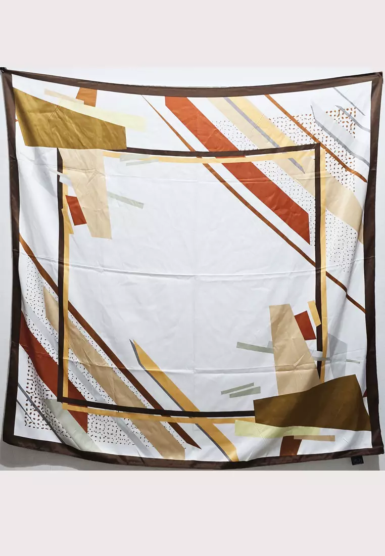 Stripes Hijab Segi Empat Kerudung Silky Satin Square Scarf Brown & White