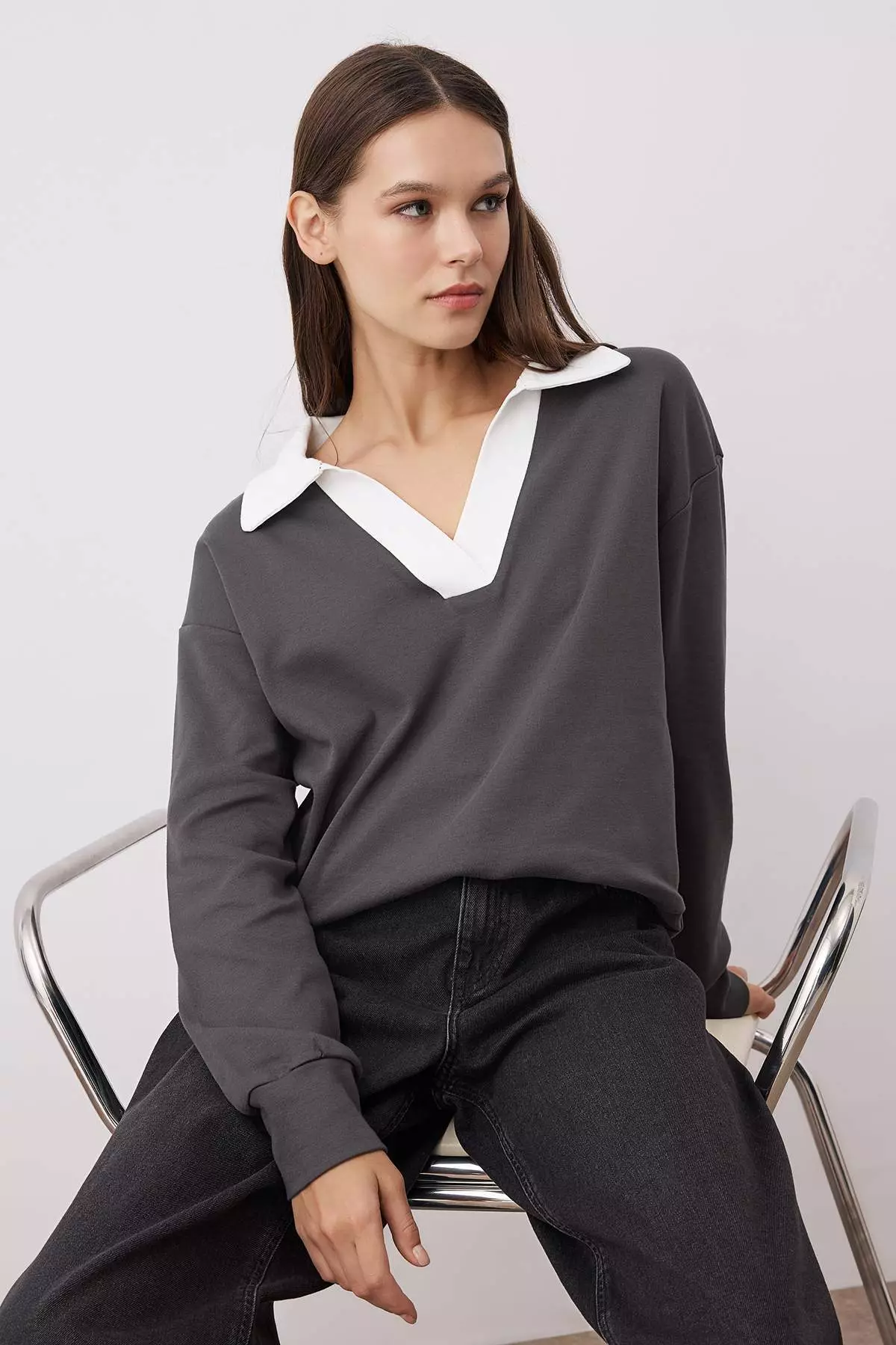 Anthracite Color Block Polo Neck Relaxed/Comfortable Pattern Knitted Sweatshirt