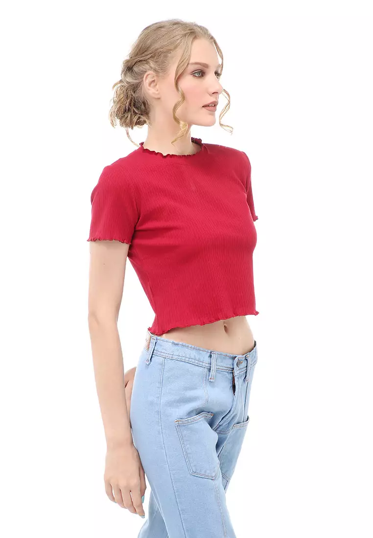 Genevie T-Shirt Kaos Crop Atasan Kasual Wanita Lengan Pendek Garis Timbul Material Cotton ORIGINAL - Maroon
