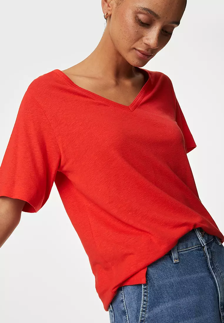 Linen Blend V-Neck Top