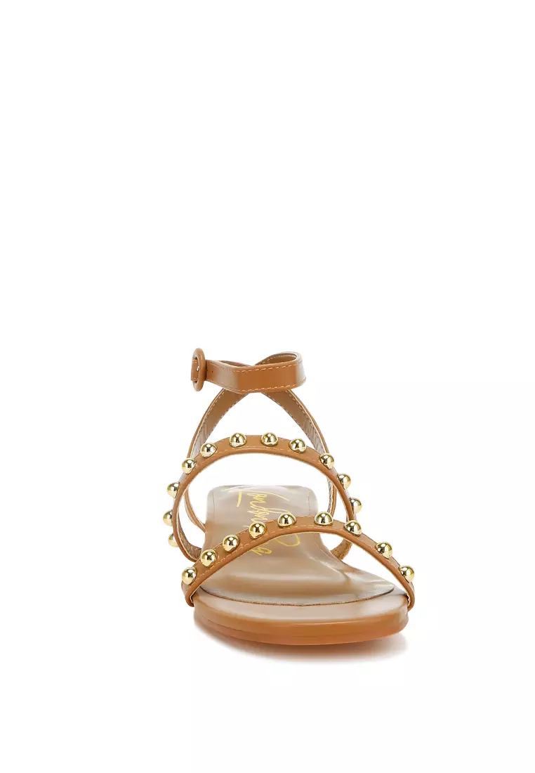 Studded Ankle Strap Flat Sandals in Tan