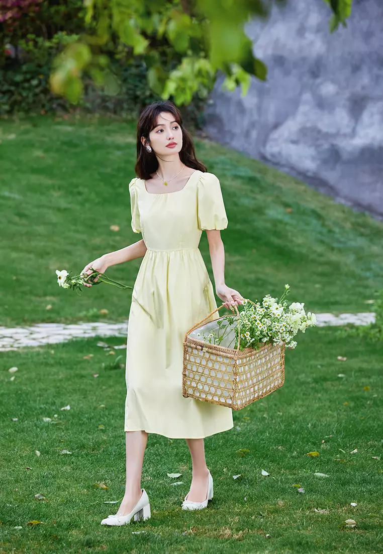 Plain Puff Sleeve Square Neck Summer Dress