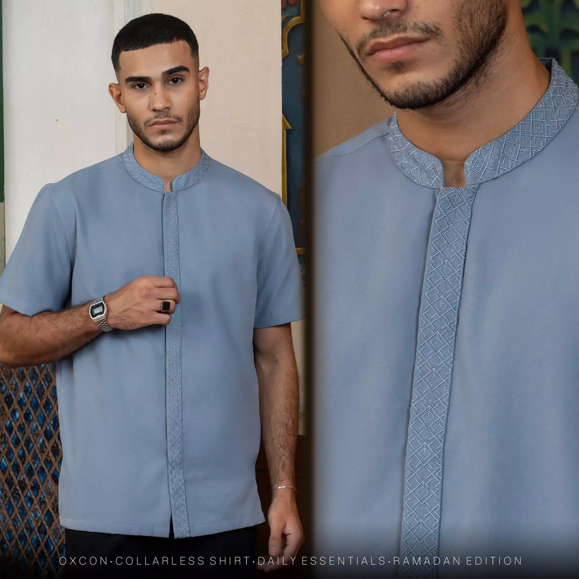 Kemeja Koko Bordir Azril Tangan Pendek Pria Muslim Blue Grey