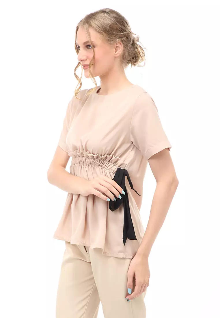 Cheva Blouse Atasan Wanita Kasual Pinggang Karet Pita Ikat Simple Material Wolfis ORIGINAL - Cream