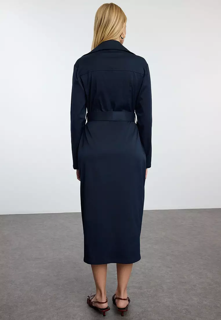 Navy Blue Zippered Pocket Detail Gabardine Fabric Midi Woven Shirt Dress TWOAW25EL00261