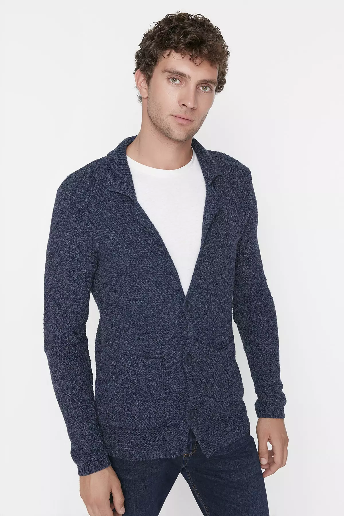 Slim Fit Jacket Collar Textured Pocket Knitwear Cardigan
