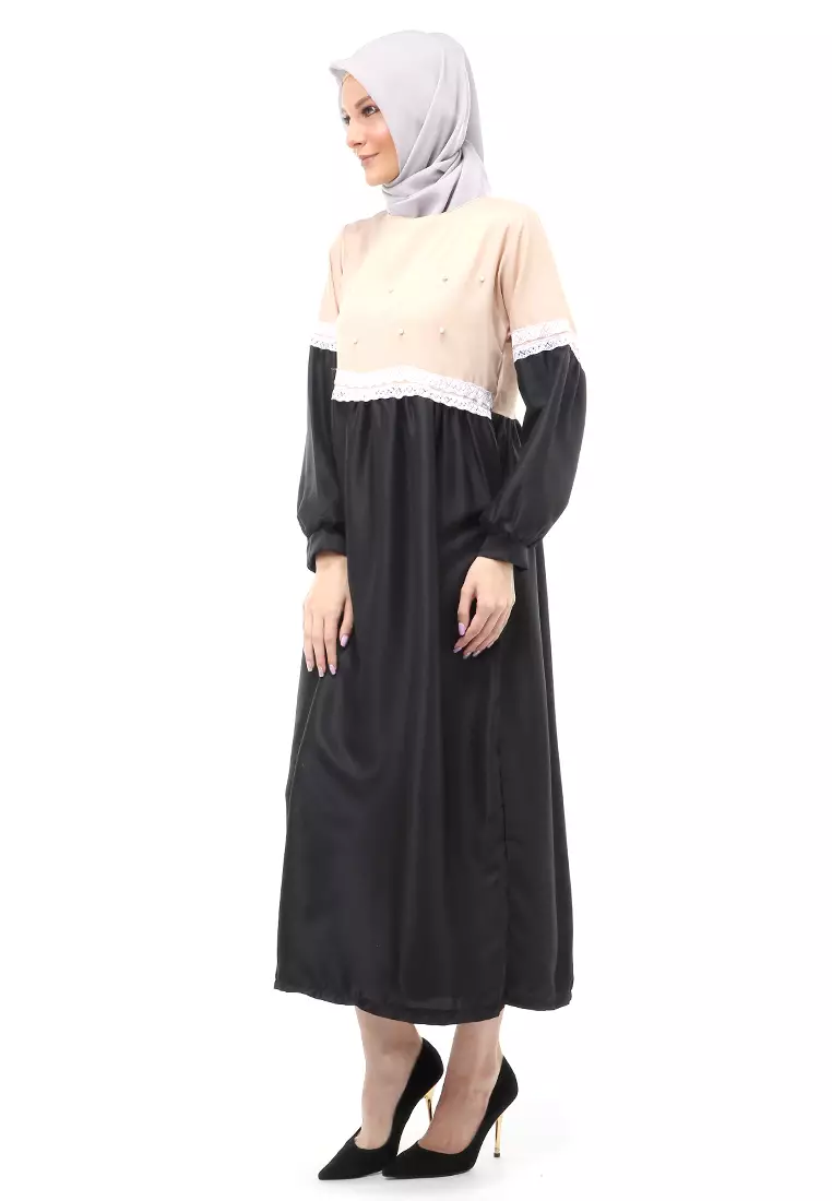 Sarinah Gamis Muslimah Panjang Atasan Wanita Motif Mutiara Regular Fit - Black