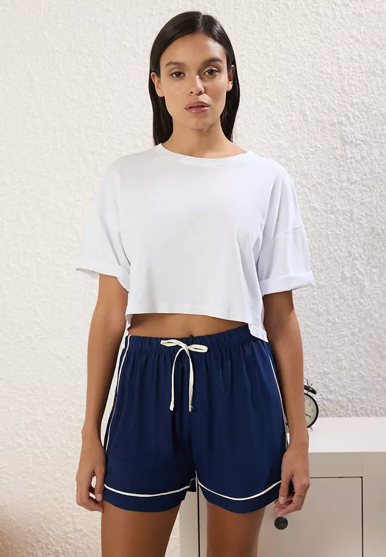 Multi-Colored 2-Pack Tied/Bow and Piping Viscose Shorts Woven Pajama Bottoms THMSS25PJ00012