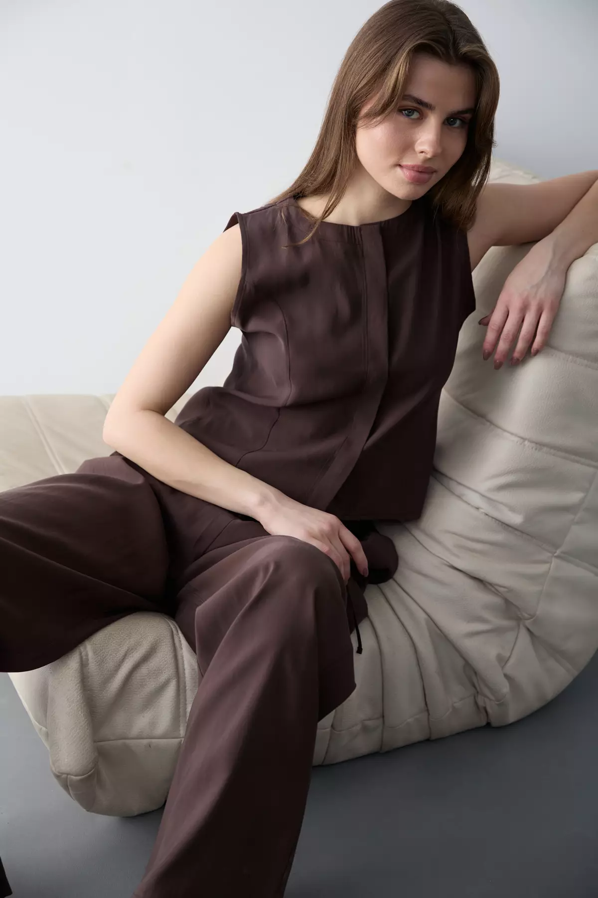 Brown Modal Look Blouse Pants Woven Bottom - Top Set Twoss26Au00086