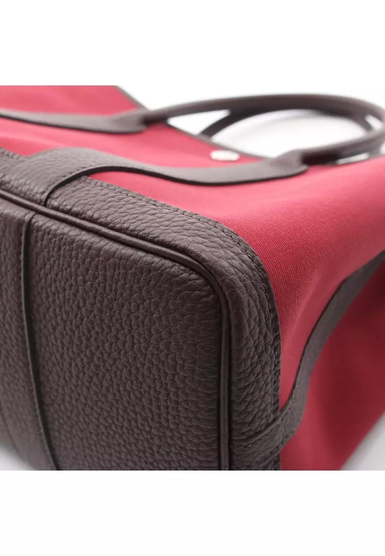 Pre-Loved Hermès garden party TPM Rouge Imperial Rouge Serie Handbag tote bag Toile Officier buffalo Bordeaux Dark brown silver hardware Z stamp