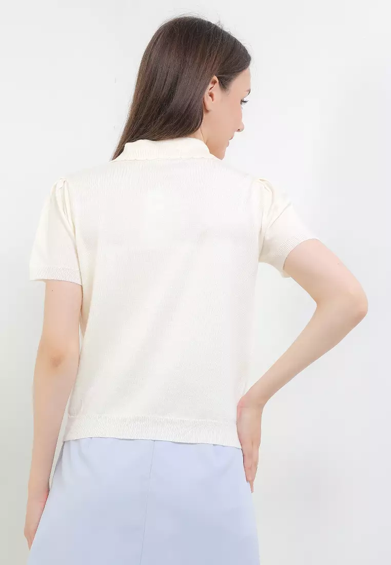 S/S Peter Pan Collar Knit Blouse W/ Scallop Edge