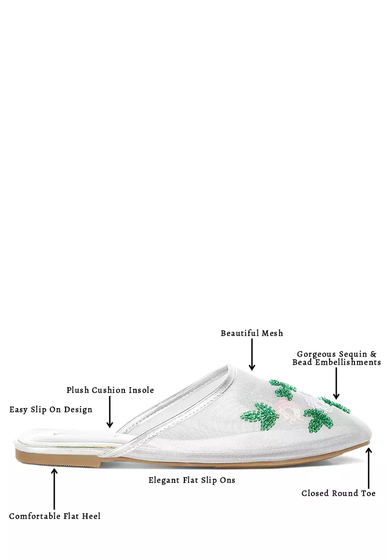 Mesh Sequin Beaded Mules In Silver