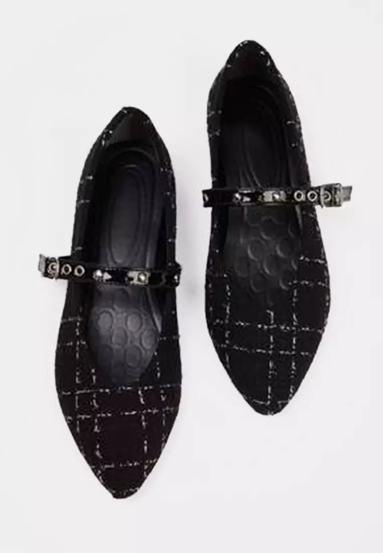 Black Tweed Mary Jane Bird Eye Tape Pointed Toe Women's Ballerinas Takeaw26Be00004