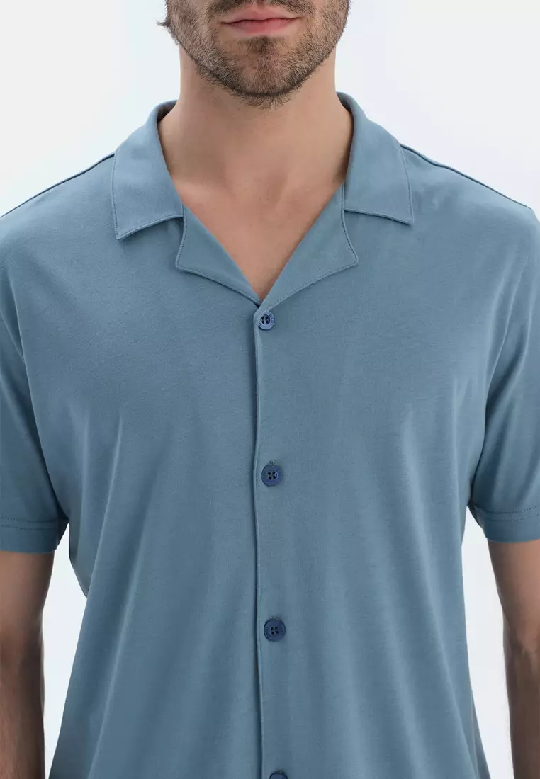 Blue Shirt & Shorts, Shirt Collar, Regular, Short Leg, Short Sleeve Sleepwear for Men