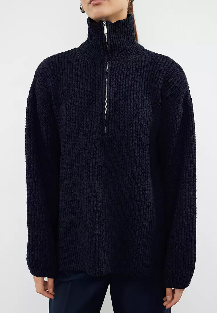 Navy Blue More Sustainable Wide Pattern Knitted Sweater TWOAW24KZ01119