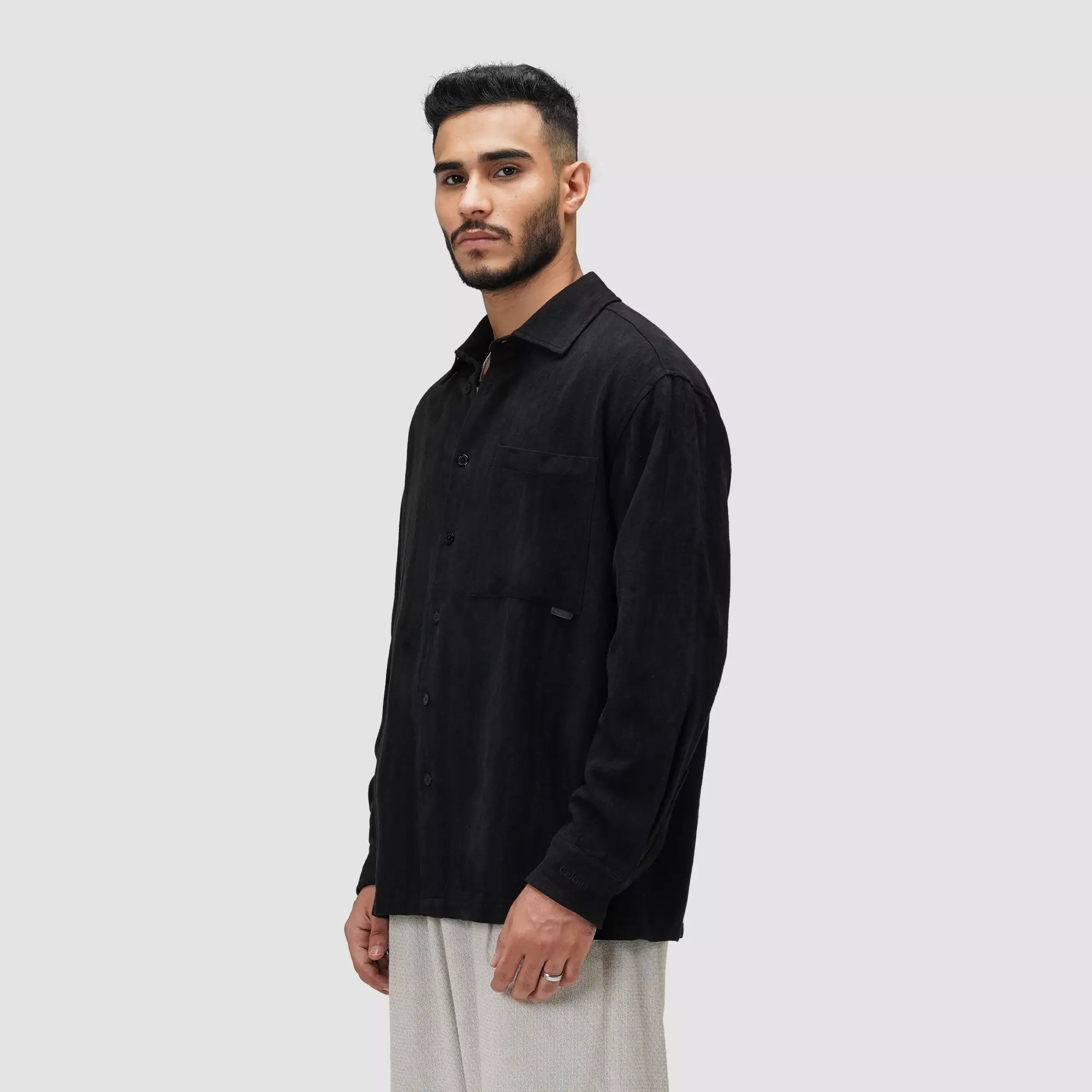 CELCIUS Boxy Button Up Jaquard Kemeja Lengan Panjang I31000487C Hitam