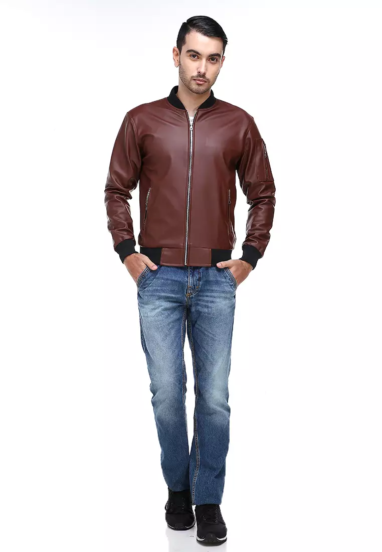 Clover Jaket Bomber Pria Now Ori Soft Material Leather Kulit ORIGINAL - Brown