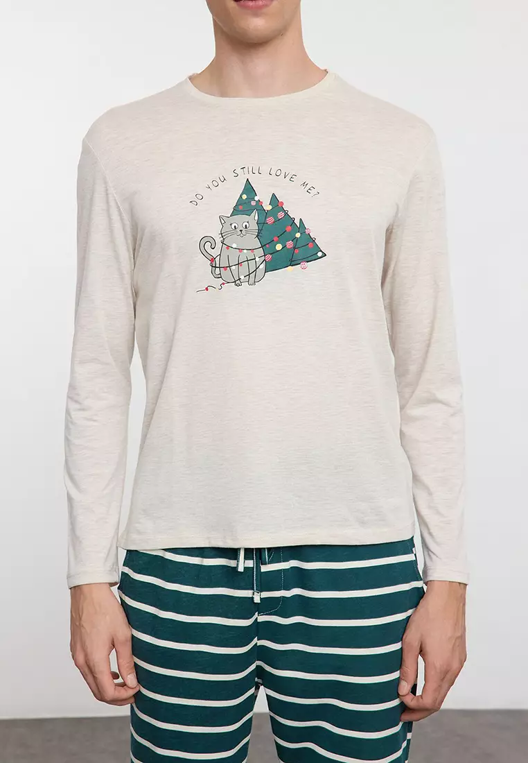 Beige Striped Regular Fit Couple Christmas Knitted Pajama Set TMNAW25PT00045