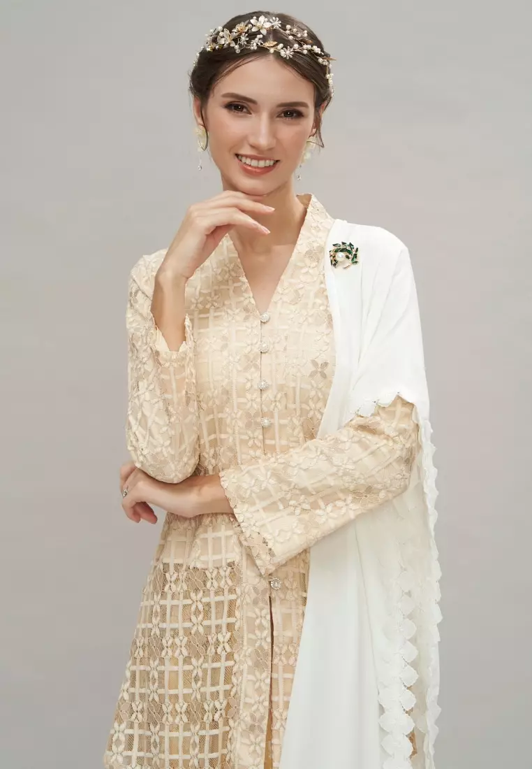Beige Checkered Lace Kebaya Top