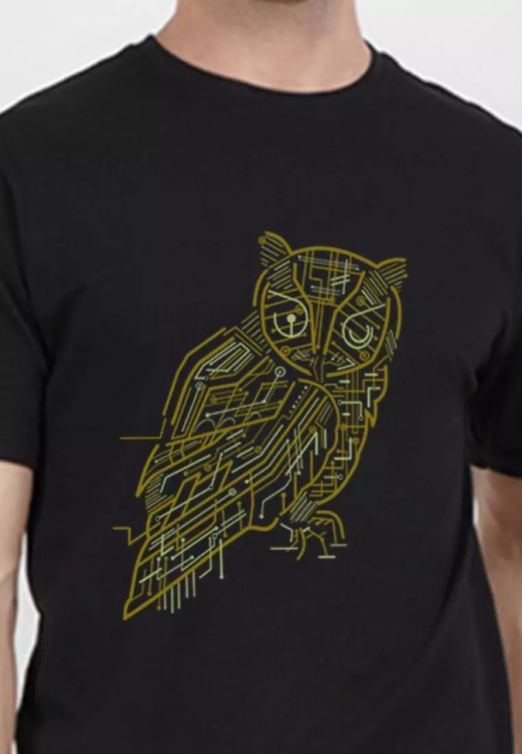 猫头鹰图案黑色棉质短袖必备 T 恤