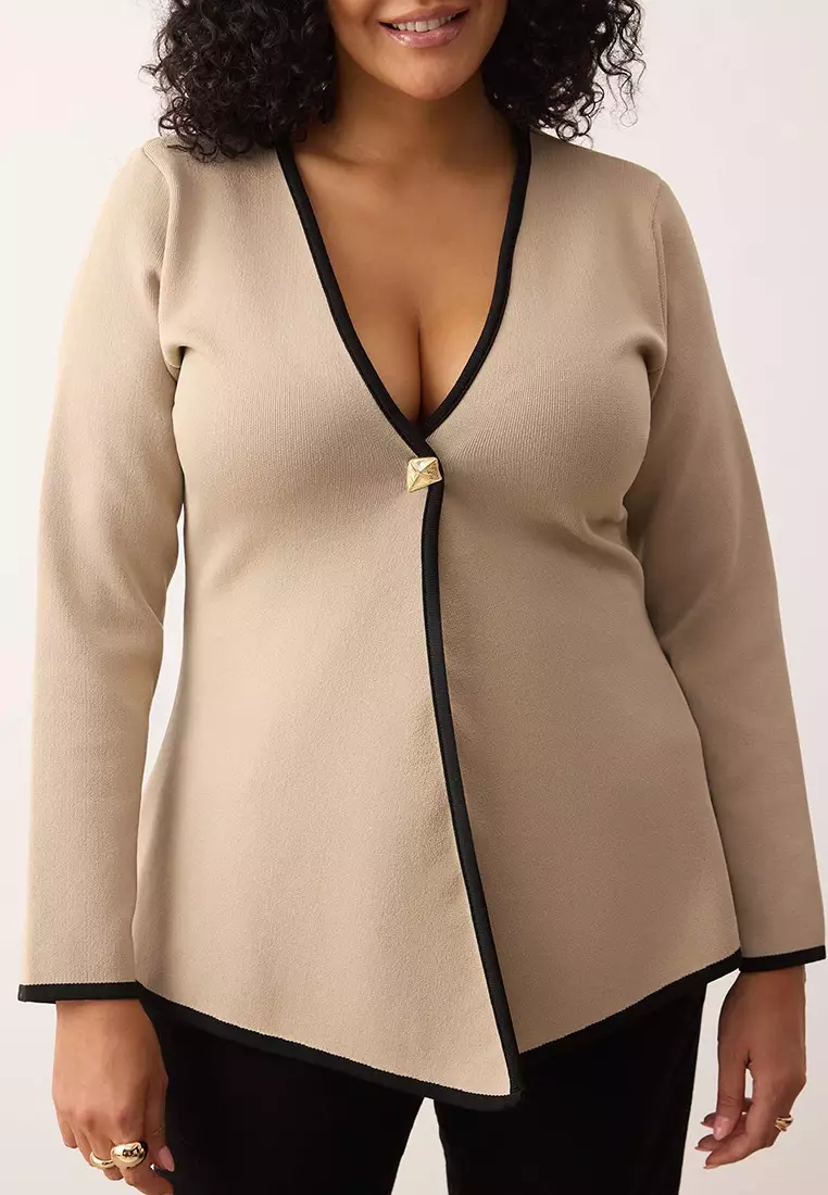 Stone Piping Detailed Asymmetric Cut Knit Jacket-Look Cardigan