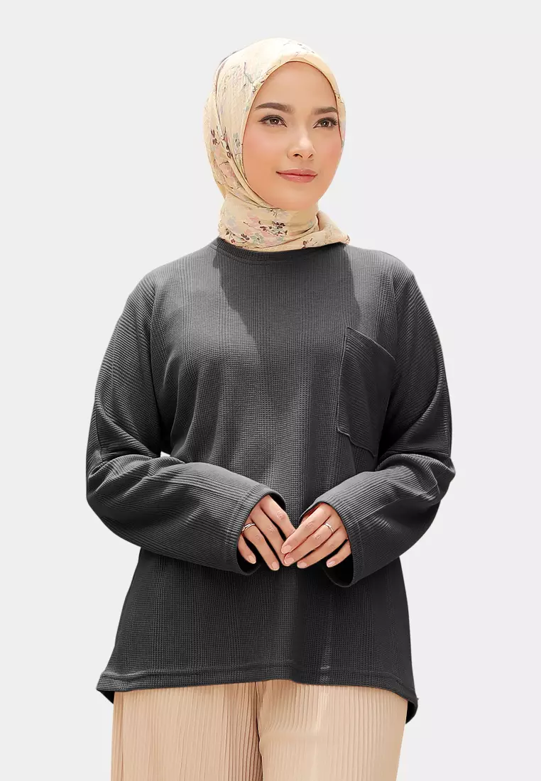 Zelena - Althea Long Sleeves Waffle | Kaos Lengan Panjang - Charcoal Black