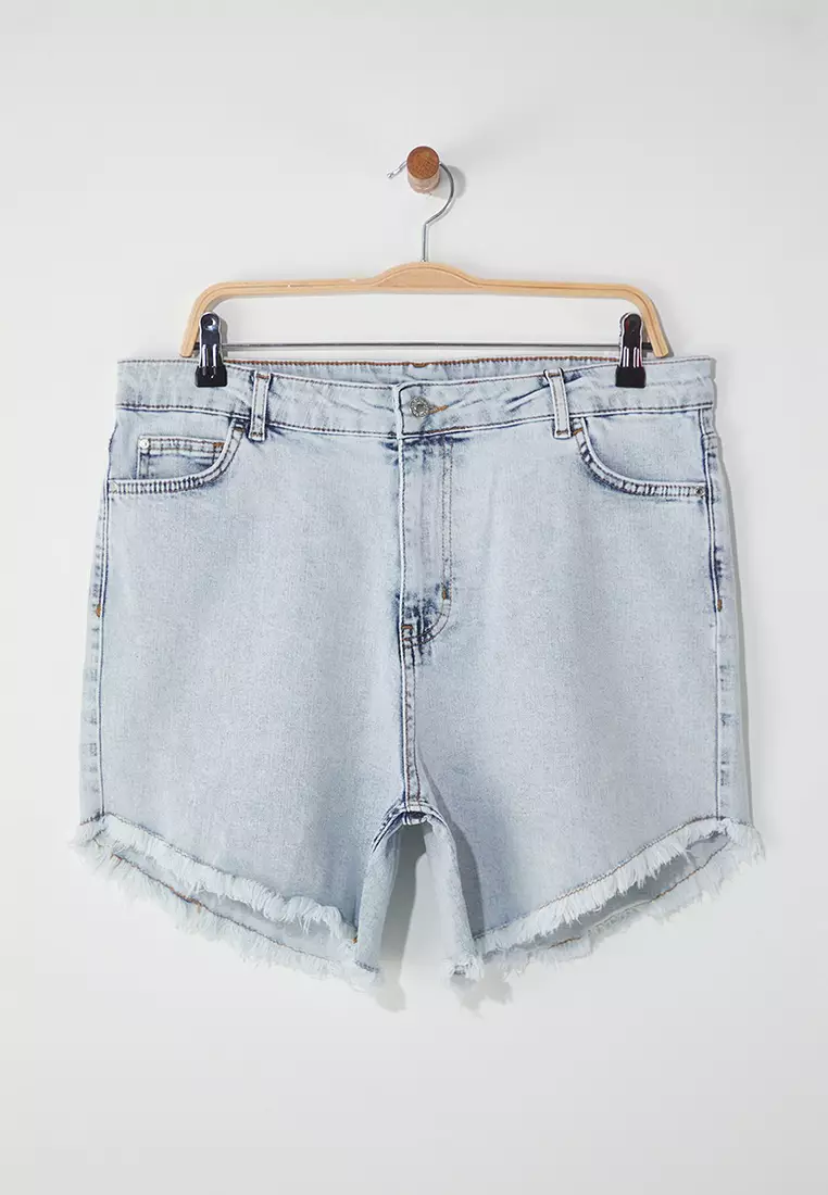 Ice Blue Tasseled Stretchy Skinny Denim Shorts & Bermuda TBBSS23CJ00016