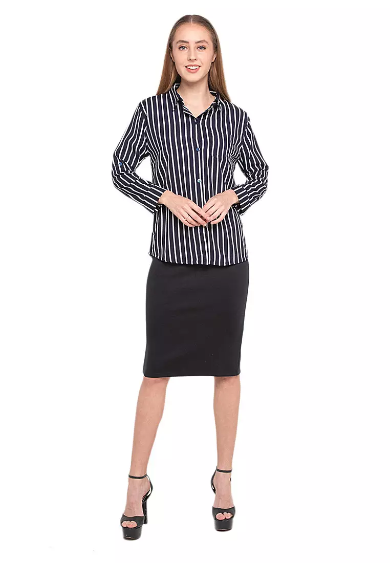 Anne Kemeja Long Sleeve Motif Stripe Atasan Wanita Casual - Navy
