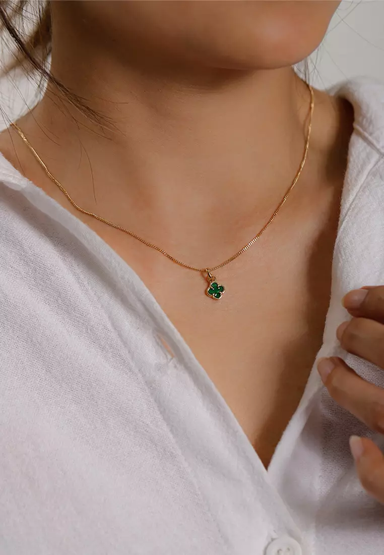 Kalung Perhiasan Perak 925 Wanita Cloverleaf Black Pendant Gold Plated