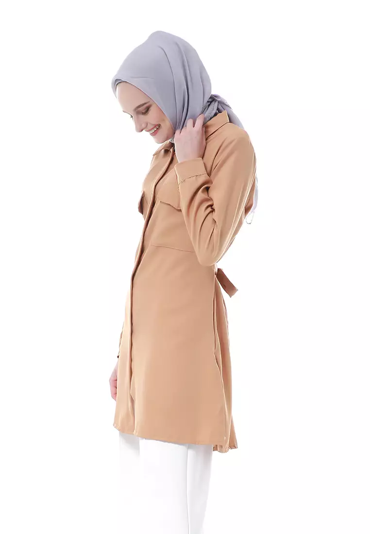 Babyla Long Tunik Pakaian Atasan Muslimah Wanita Motif Polos - Mocca