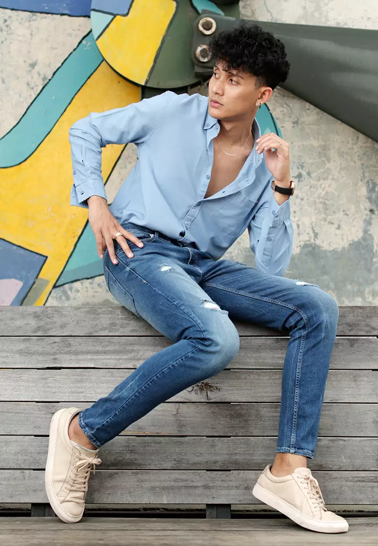 Skinny Ripped Jeans Stretch Dark Blue OXCON