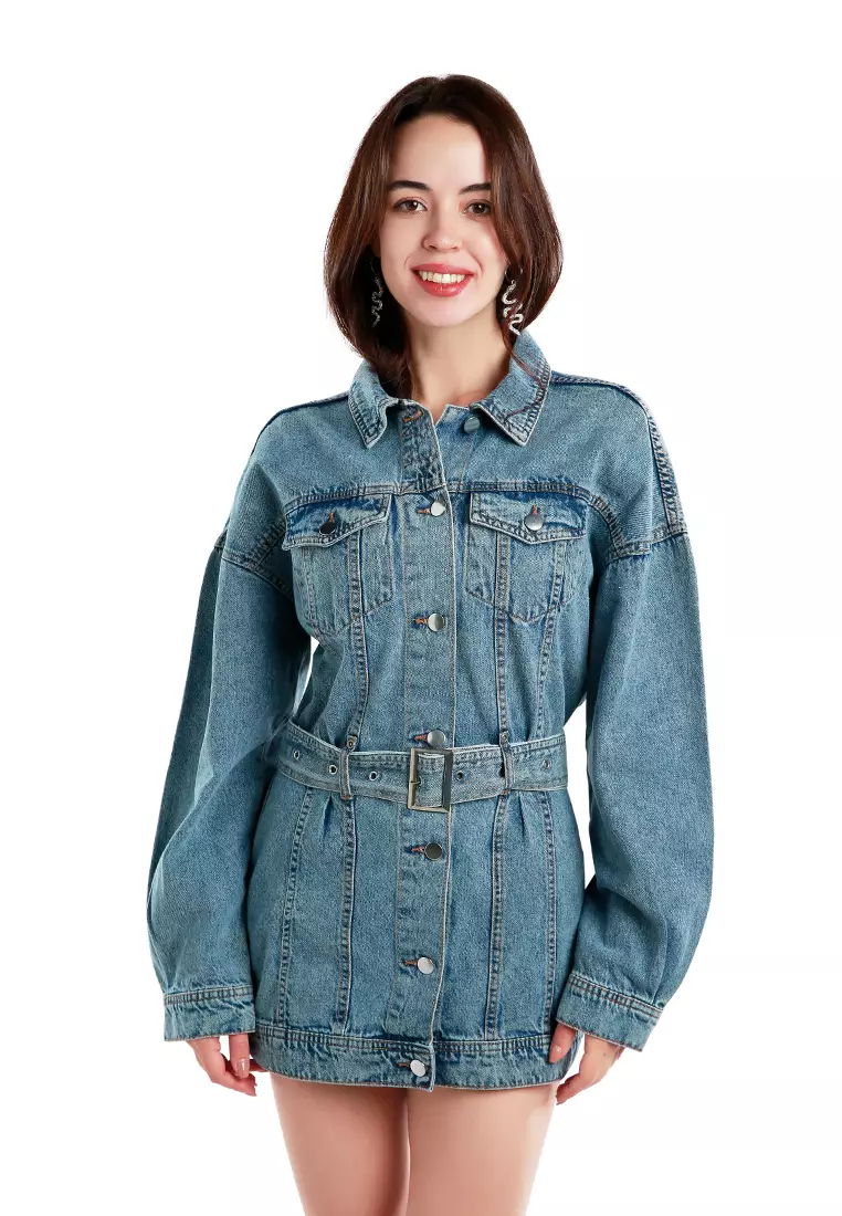 Cinched waist denim discount jacket