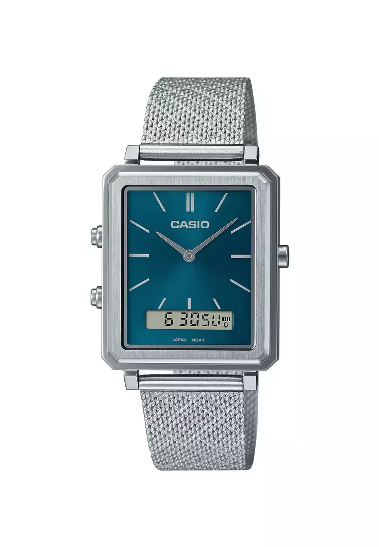 Casio Men s Analog Digital Watch MTP B205M 3E Green dial with Silver Stainless Steel Mesh Band Watch for men