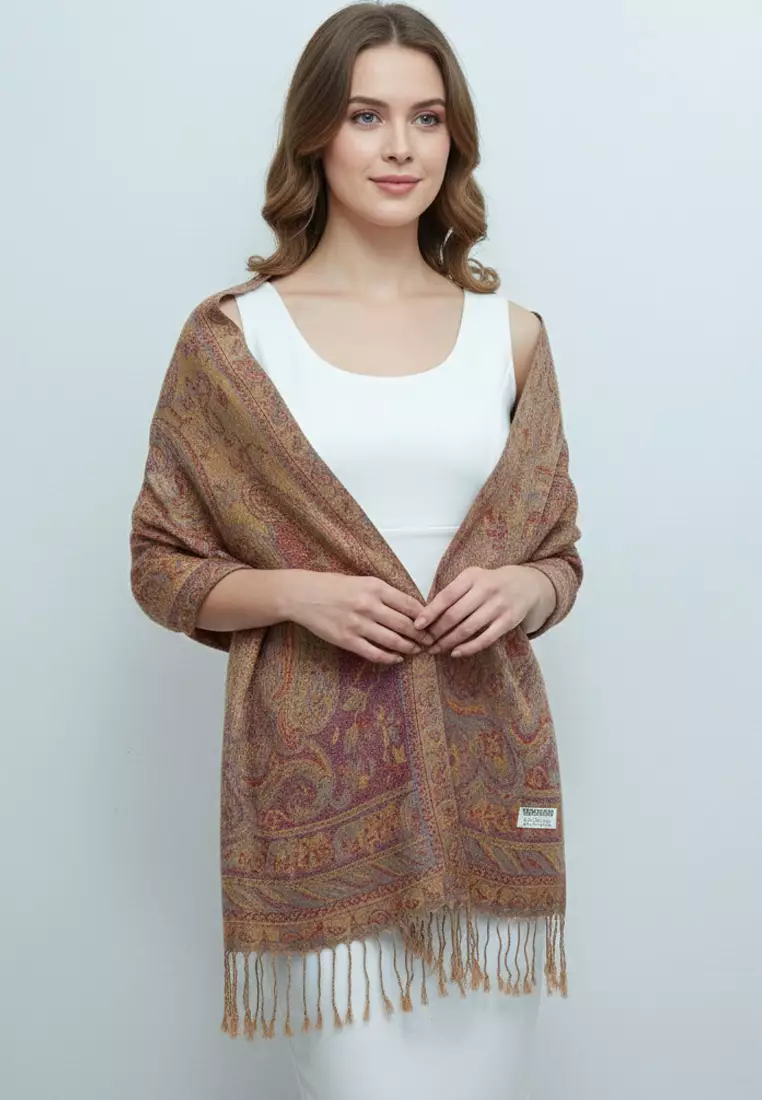 Aksesoris Wanita Reversible Viscose Full Paisley Pattern Pashmina Shawl Syal Wanita Burnt Peach
