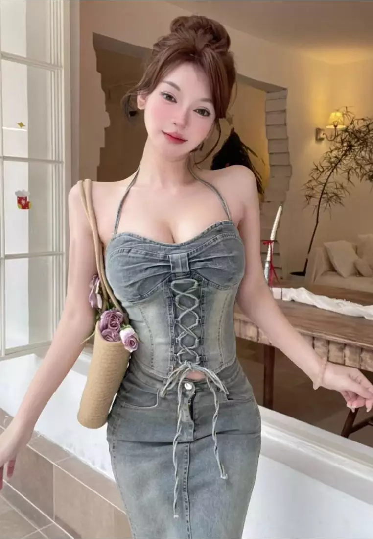 Denim overalls top and fitted skirt sexy set CA26033031BL