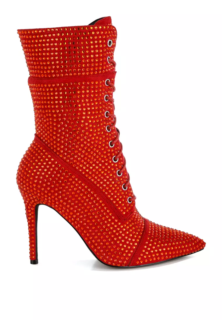 Discount on London Rag  shoes - SKU: Rhinestones Embellished Calf Boots in Red