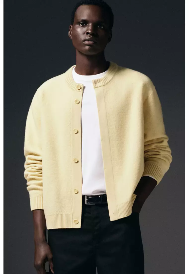 BOILED-WOOL CREW-NECK CARDIGAN