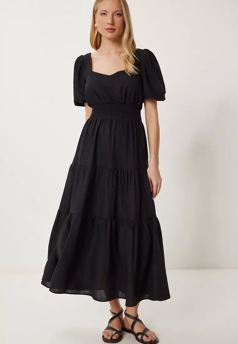 Women's Black Flounced Midi Linen Dress Fk00013