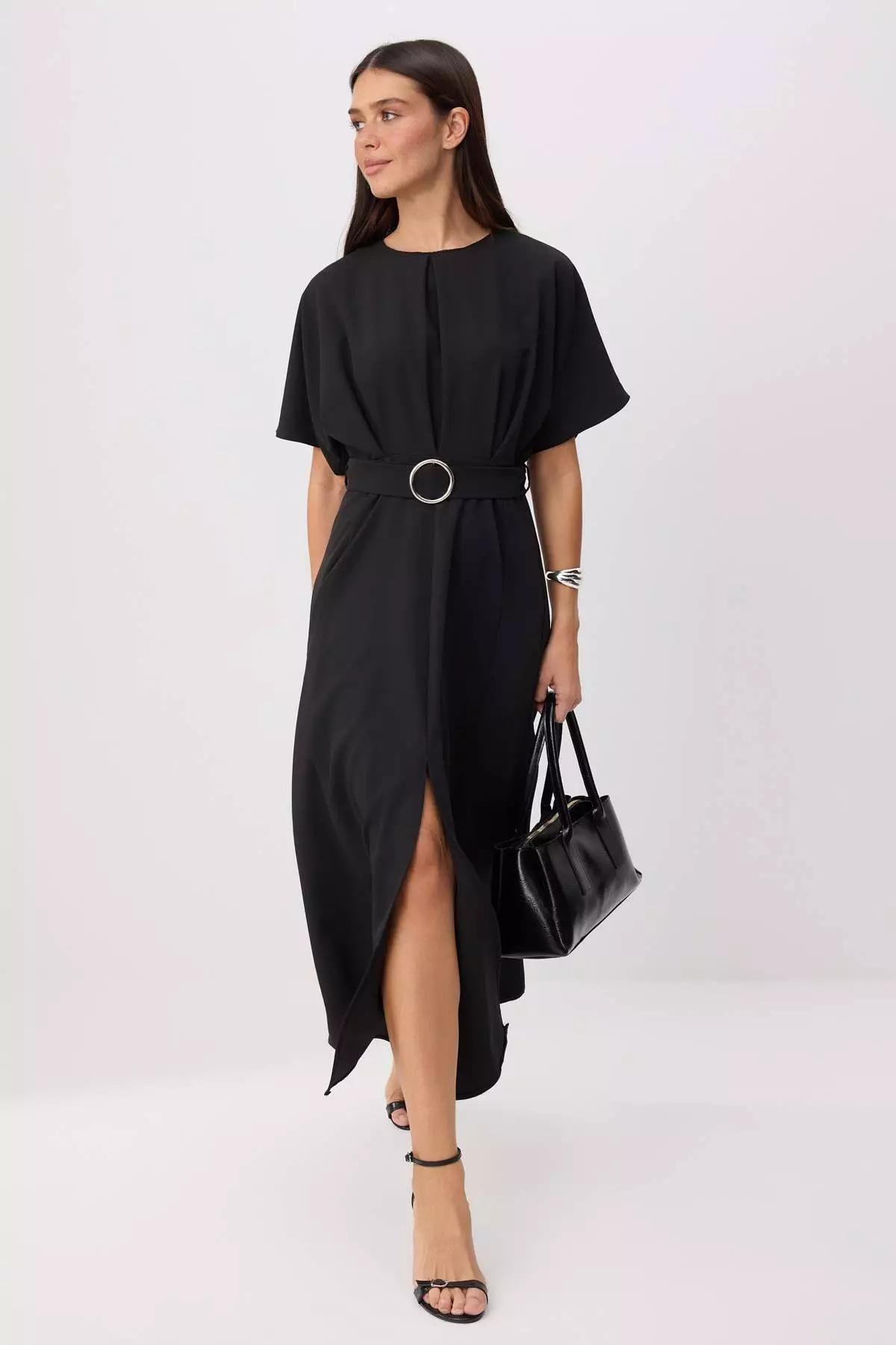 Black Belt Piece Plain Belt Piece Midi Woven Dress Twoss25El00804