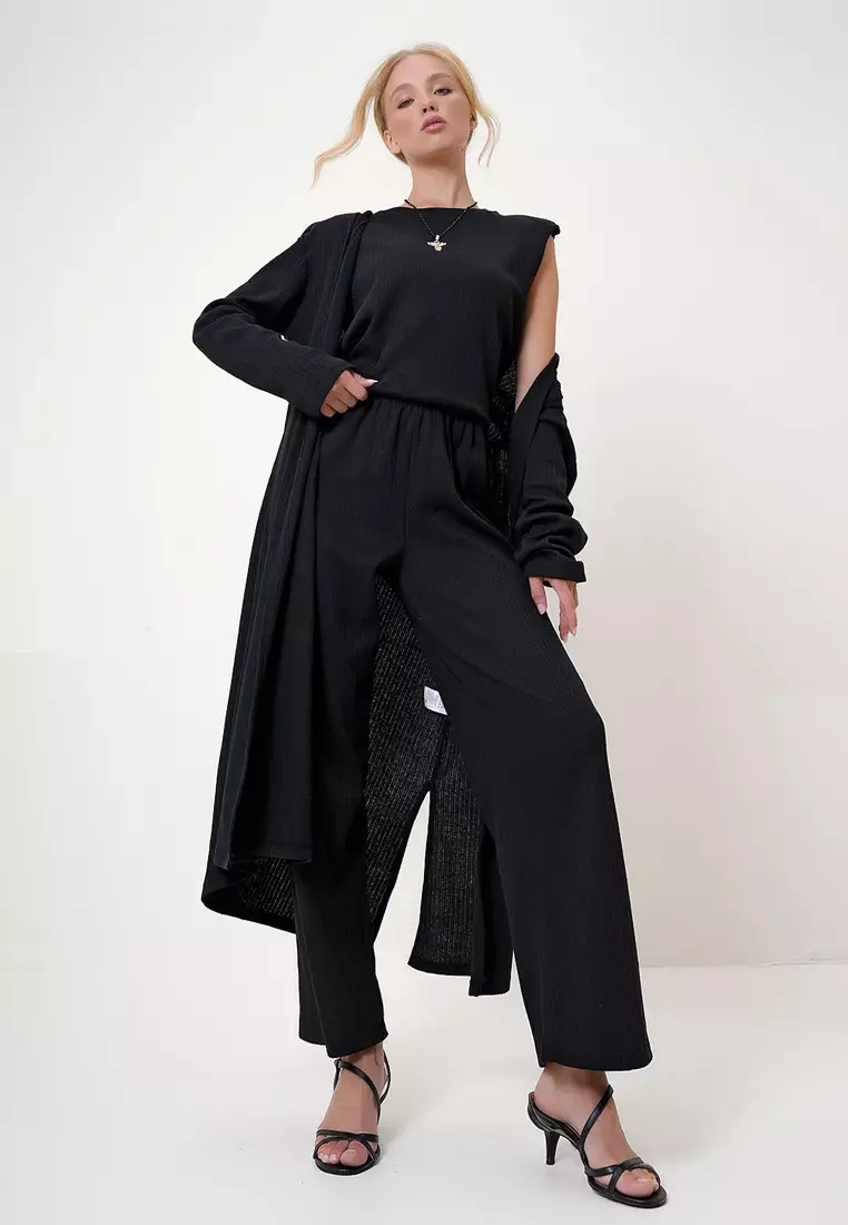Bike Neck Blouse Trousers and Cardigan Set Suit