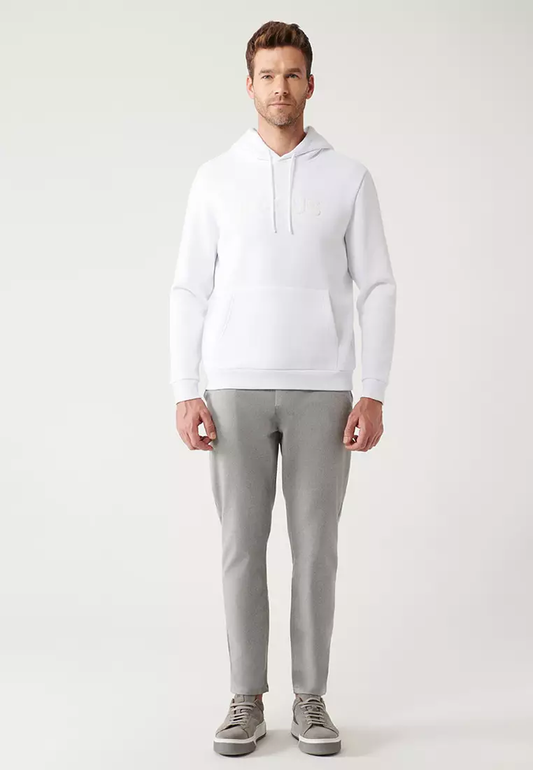 Men's White Hooded 3 Thread Raised Kangaroo Pocket Sweatshirt A32Y1193