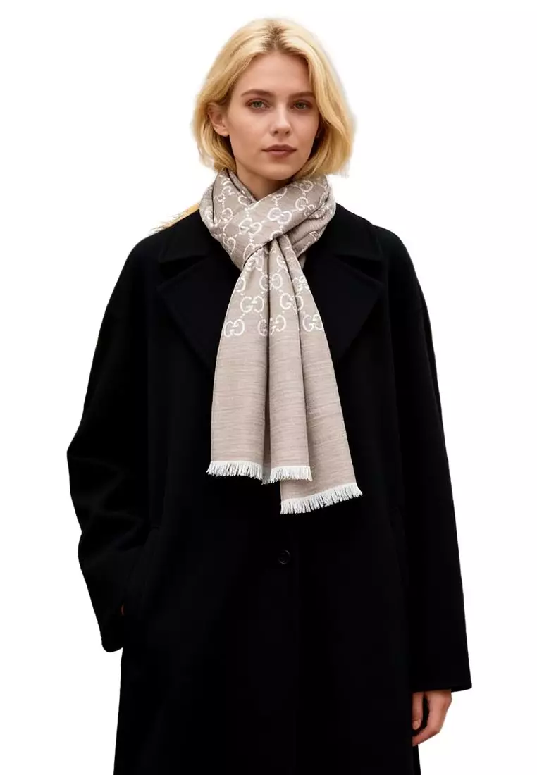 GG Logo Wool Silk Scarf in Beige 165904 3G646
