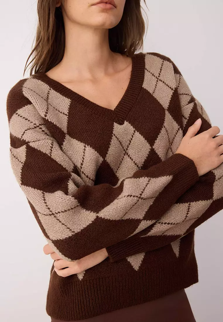 Dark Brown Soft Textured V Neck Argyle Knit Sweater
