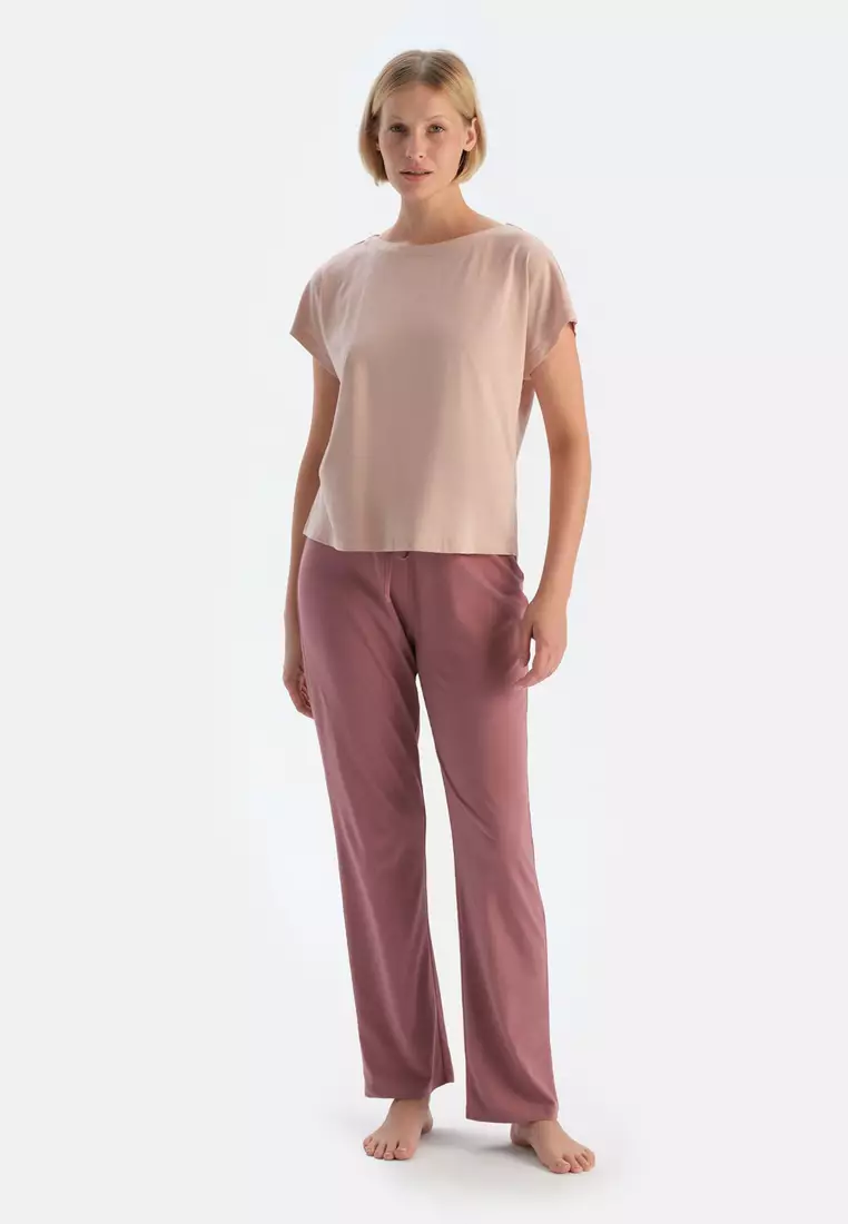 2-Pack Ecru-Pink Trousers, Floral Print, Regular Fit, Sleepwear for Women
