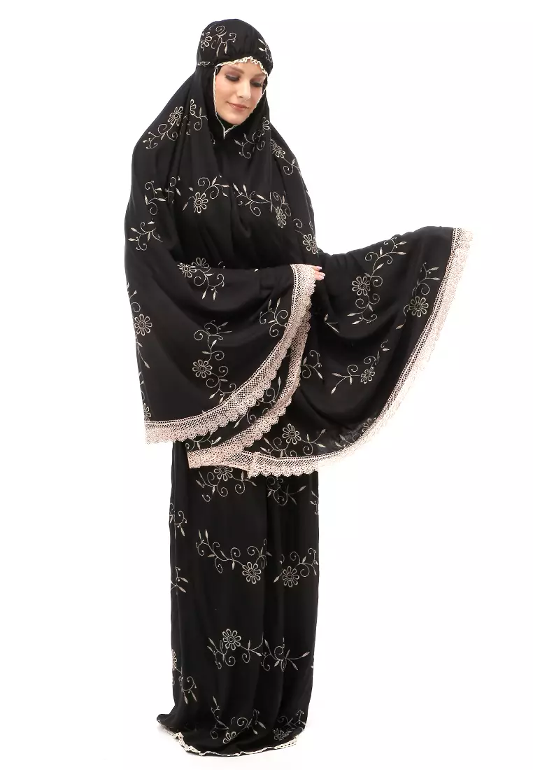 Hanjani Mukena Muslimah Atasan Bawahan Wanita Motif Bunga Relaxed Fit - Black