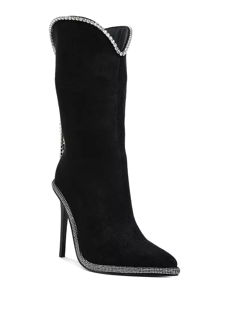 Diamante Chain Detail Calf Boots in Black
