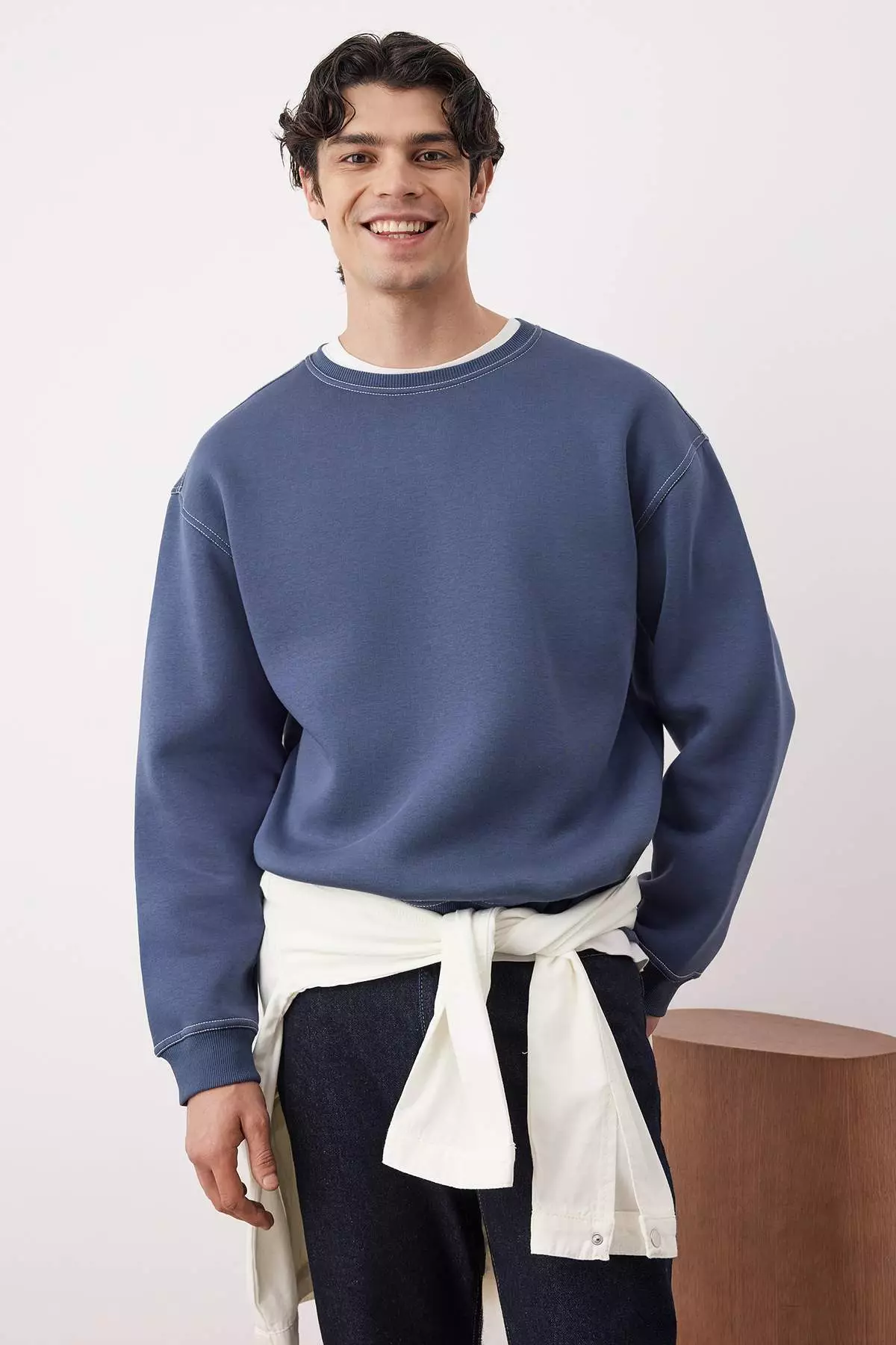 Pale Indigo Oversize/Wide Cut Contrast Stitch Detail Crew Neck Sweatshirt