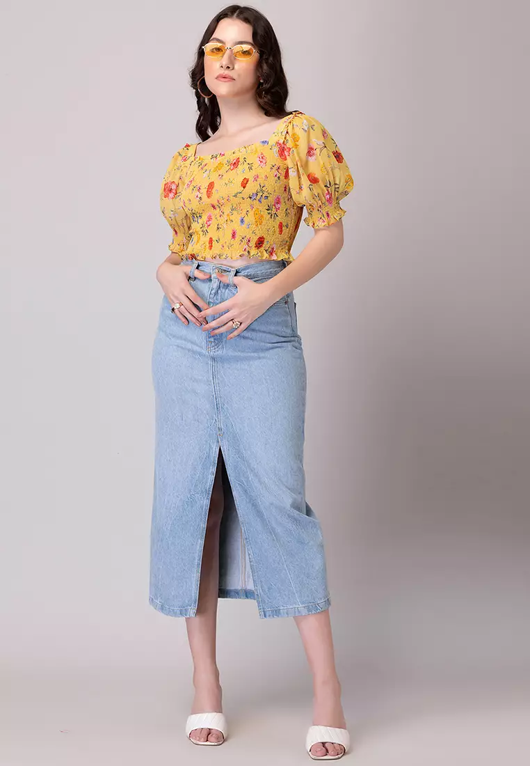 Yellow Floral Print Smocked Top