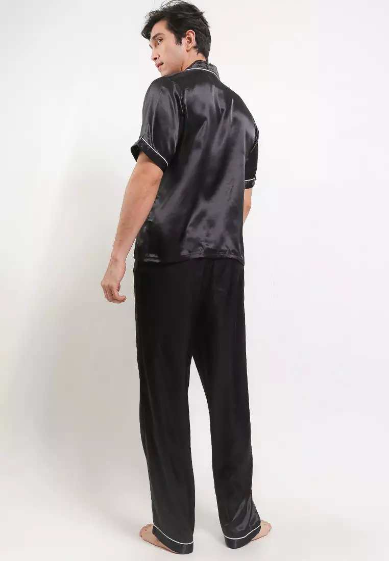 Pyjama Pijama Baju Tidur Satin Silk Short Sleeve Long Pants Mens Sleepwear